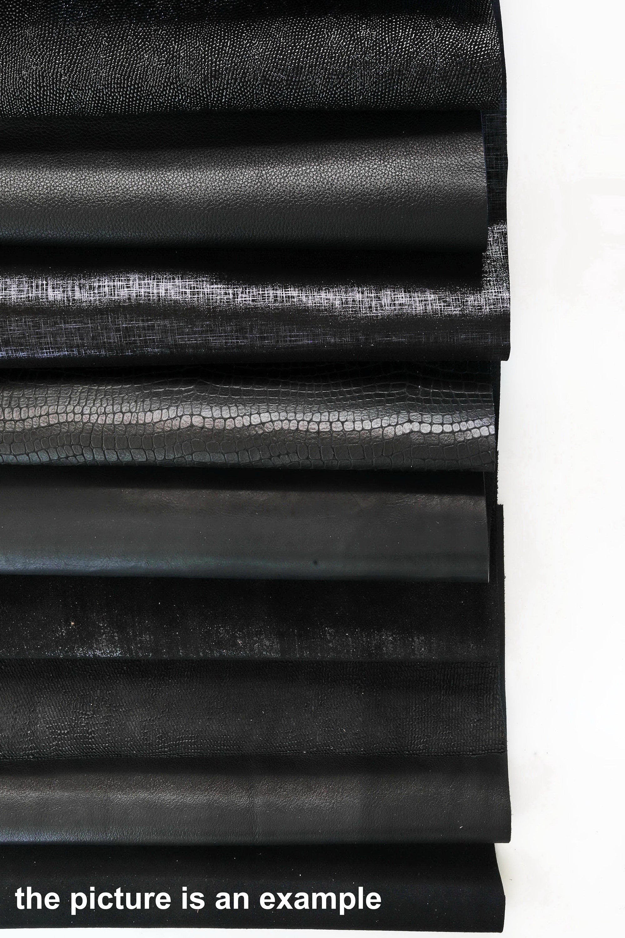 Black leather pieces, BLACK scraps tones - fancy textured offcuts hide, prints and softness various, 10 or 15 pieces B090 La Garzarara
