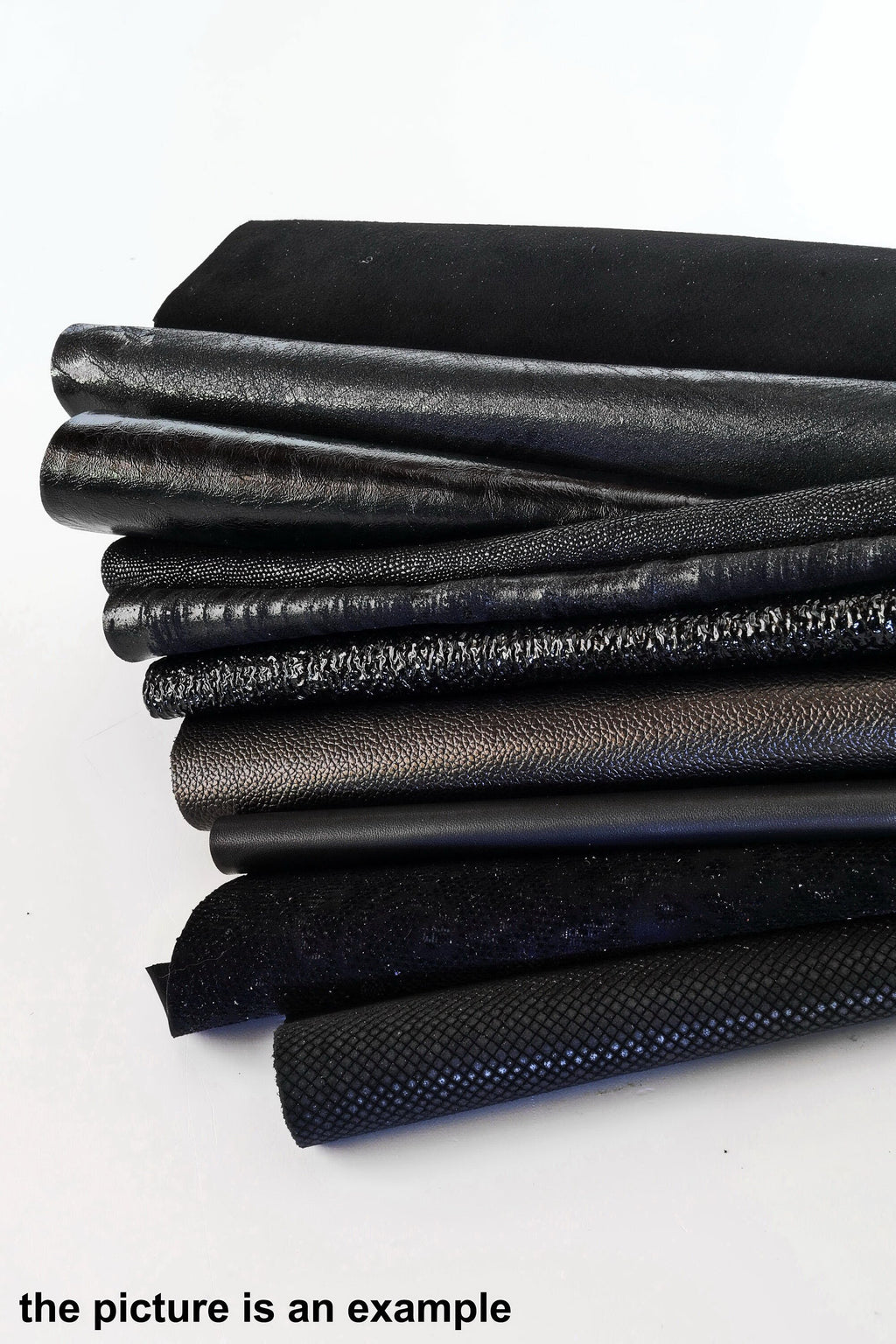 Black leather pieces, BLACK scraps tones - fancy textured offcuts hide, prints and softness various, 10 or 15 pieces B090 La Garzarara