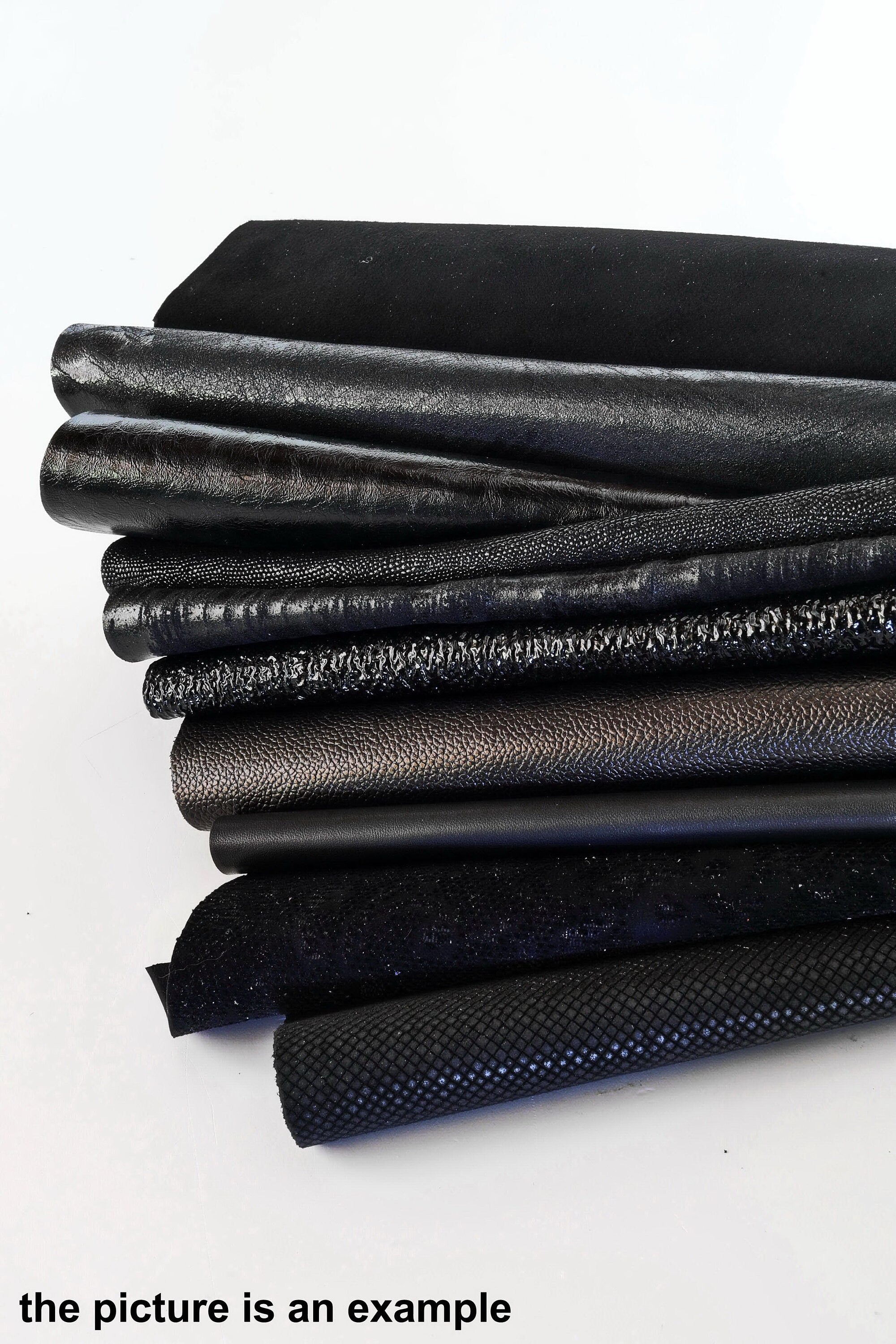 Black leather pieces, BLACK scraps tones - fancy textured offcuts hide, prints and softness various, 10 or 15 pieces B090 La Garzarara