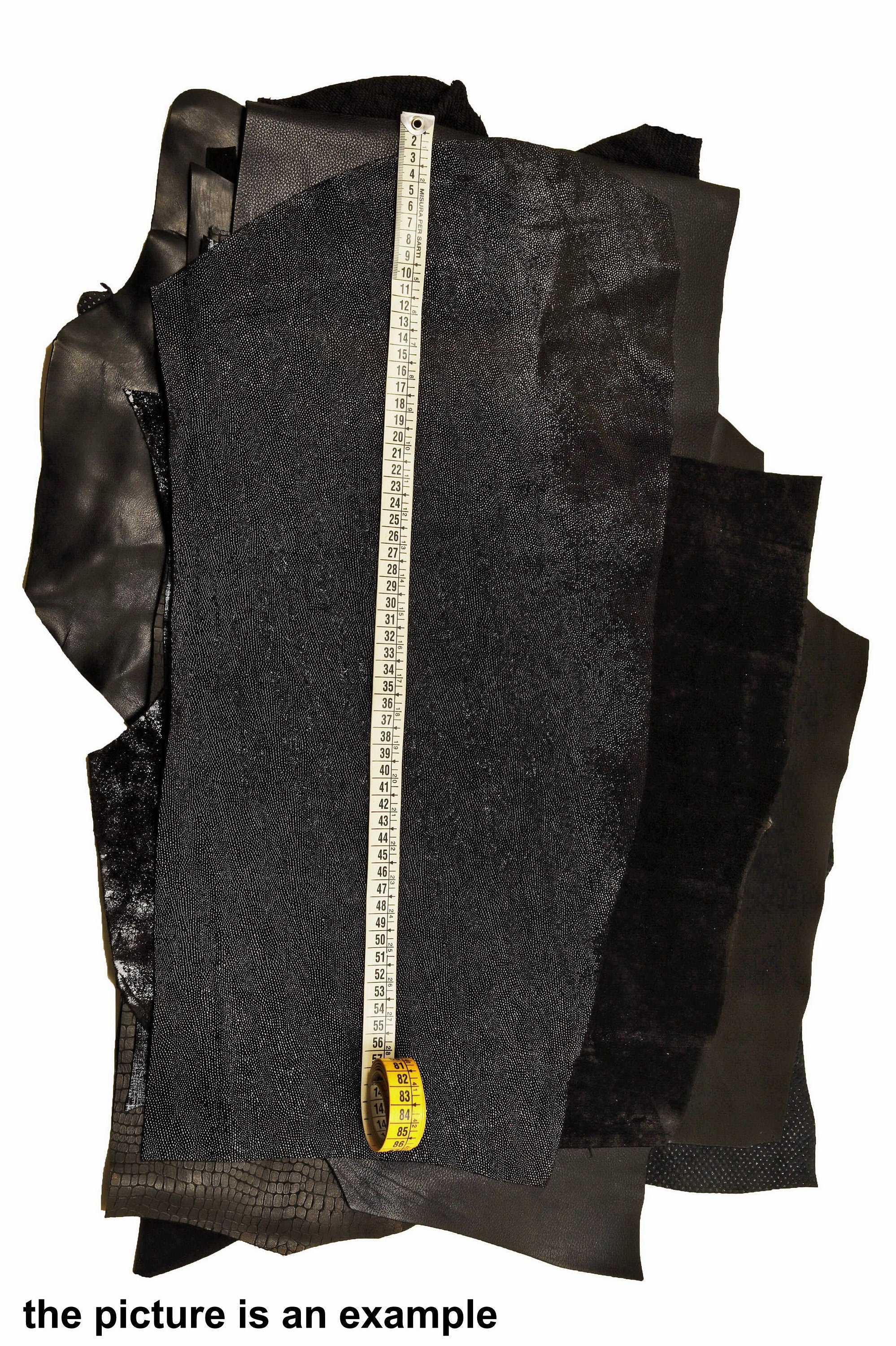 Black LEATHER scraps pieces, mixed printed and textured renmants pieces for crafts, assortment offcuts leather B090/B La Garzarara
