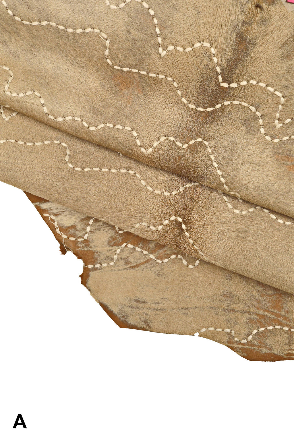 BEIGE HAIR on leather hide, embroidered hairy cowhide, vintage super soft pony effect calfskin B14254-CV La Garzarara