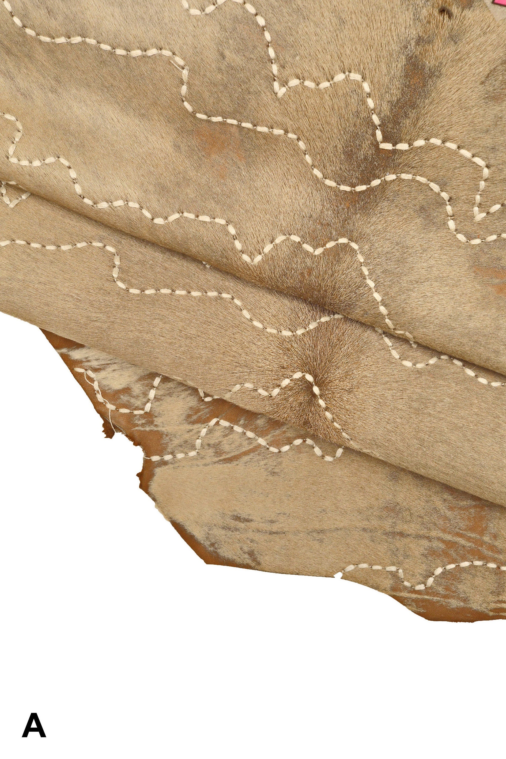 BEIGE HAIR on leather hide, embroidered hairy cowhide, vintage super soft pony effect calfskin B14254-CV La Garzarara