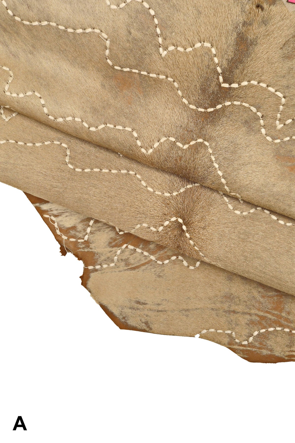 BEIGE HAIR on leather hide, embroidered hairy cowhide, vintage super soft pony effect calfskin B14254-CV La Garzarara