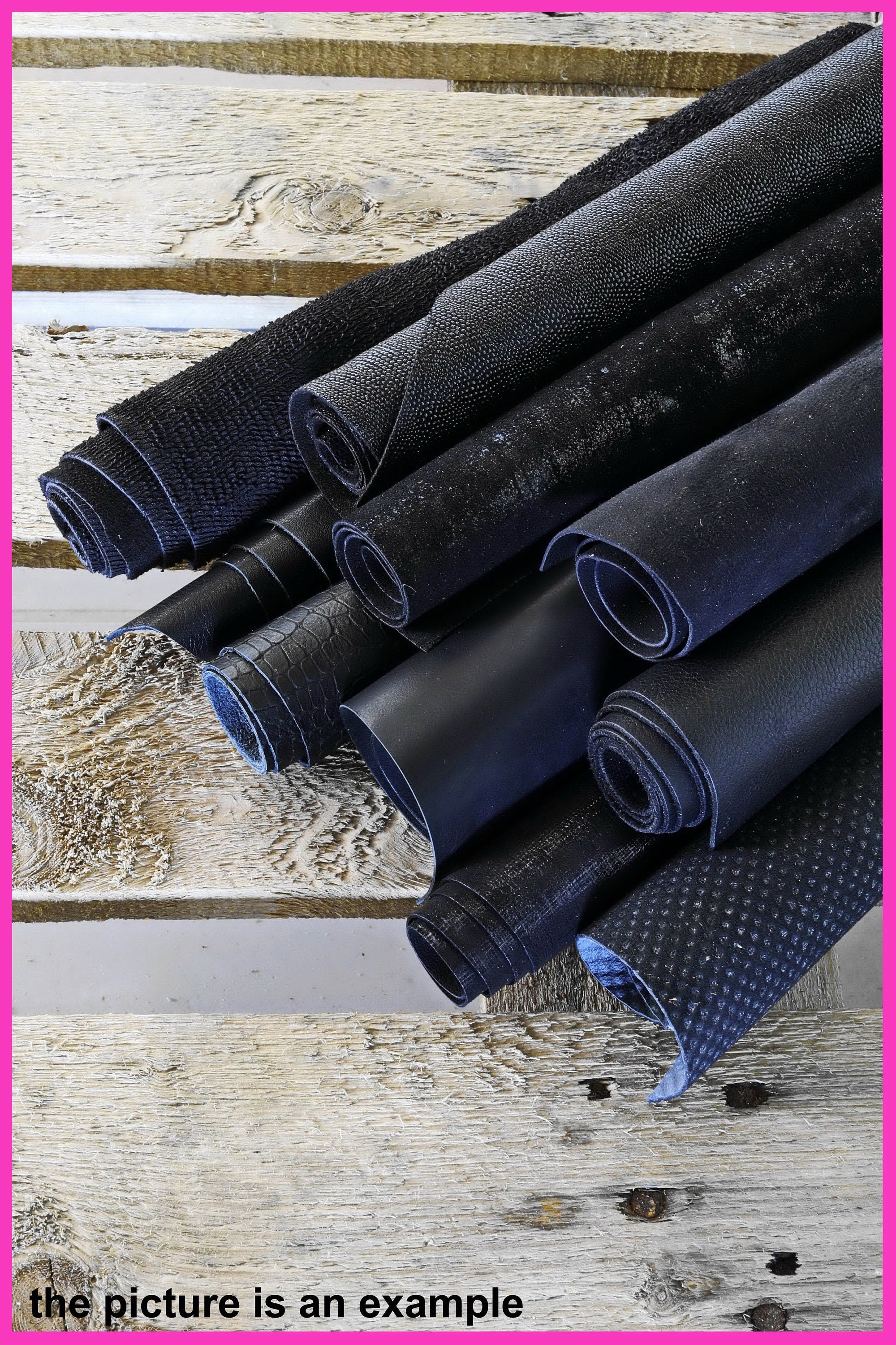 Black LEATHER scraps pieces, mixed printed and textured renmants pieces for crafts, assortment offcuts leather B090/B La Garzarara