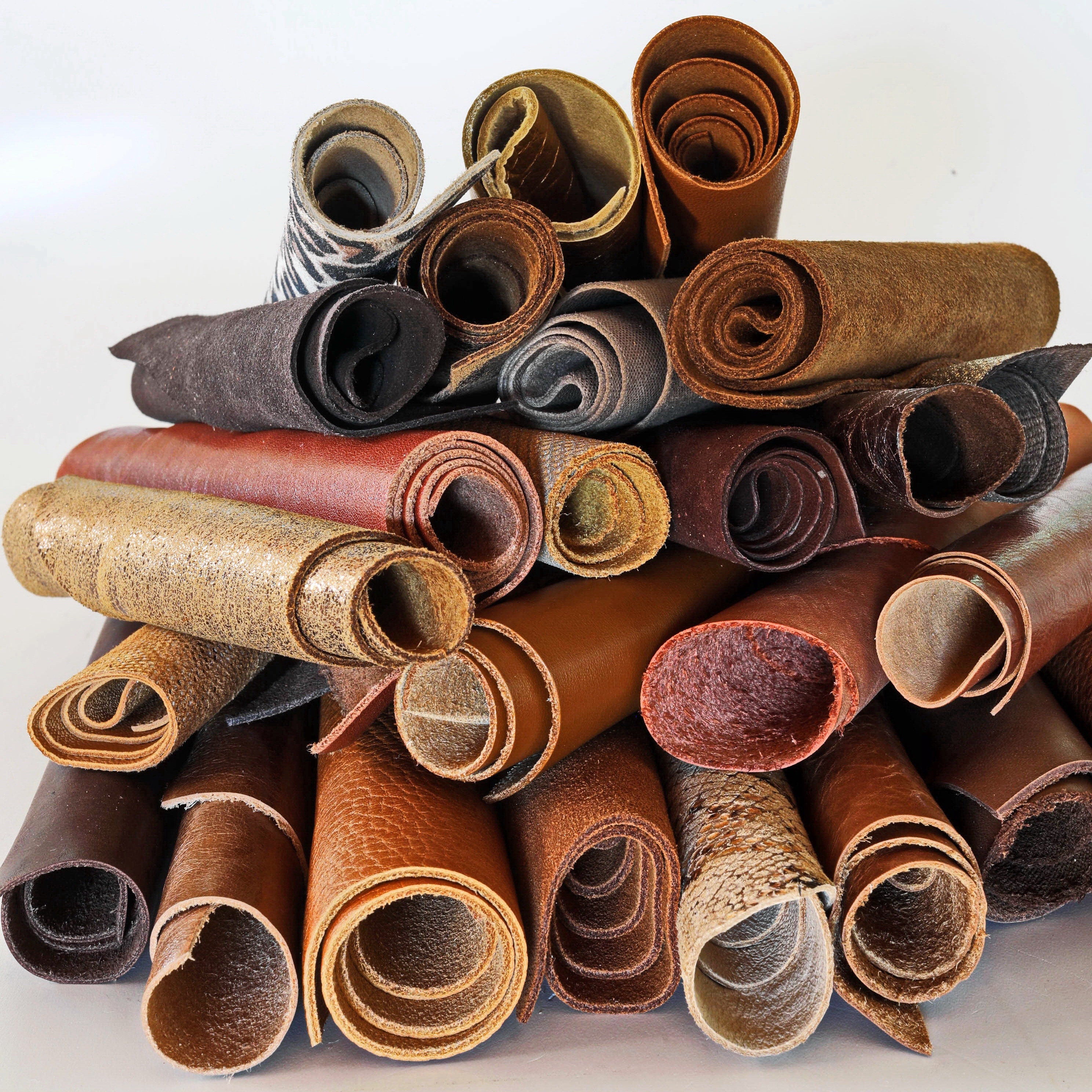 Chocolate Brown Leather Scraps, Bronze Metallic Offcuts, Mixed Grain and Printed Leather Pieces for Jewelry Making B187