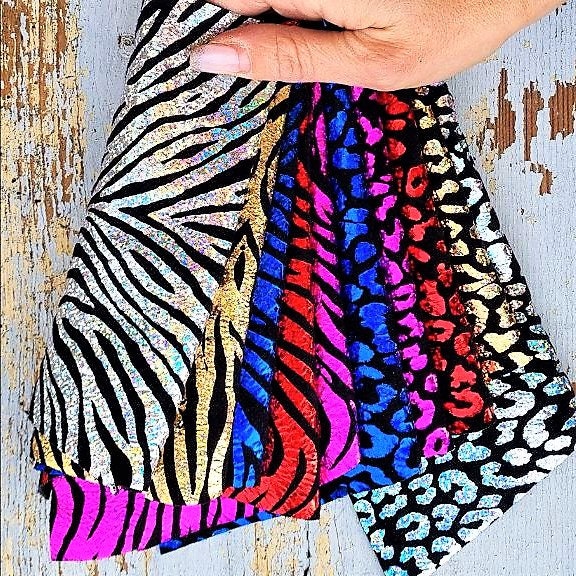 Iridescent Animal Print Leather Scraps, Holographic Zebra and Leopard Pieces, Rainbow Metallic Offcuts RT50 La Garzarara