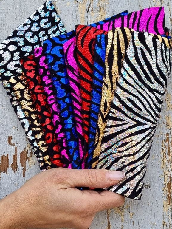 Iridescent Animal Print Leather Scraps, Holographic Zebra and Leopard Pieces, Rainbow Metallic Offcuts RT50 La Garzarara