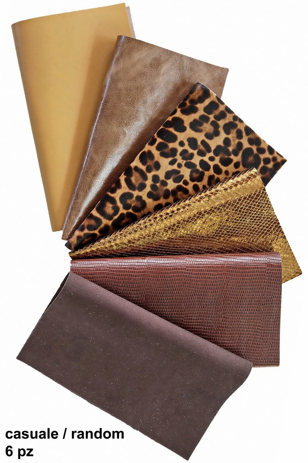 6 leather sheets TAN and BROWN, pre cut leather pieces random selection, mix metallic, printed cut off B14386-PZ La Garzarara