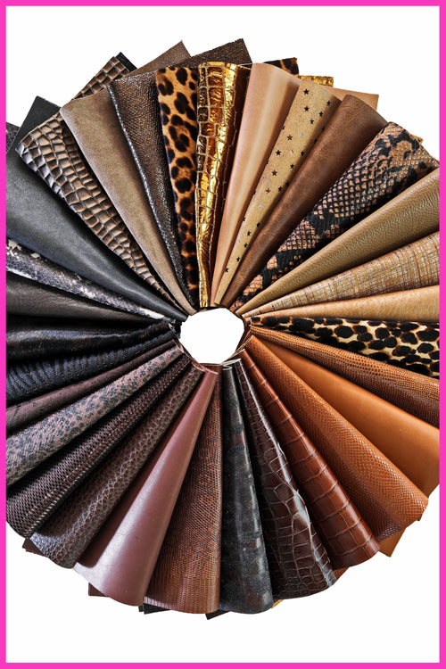 6 leather sheets TAN and BROWN, pre cut leather pieces random selection, mix metallic, printed cut off B14386-PZ La Garzarara