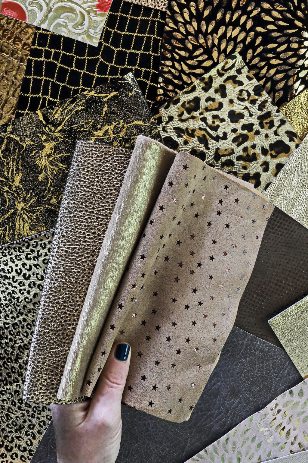 Leather sheets GOLD BRONZE, pre cut leather pieces random selection, mix metallic, printed cut off B14390-PZ La Garzarara