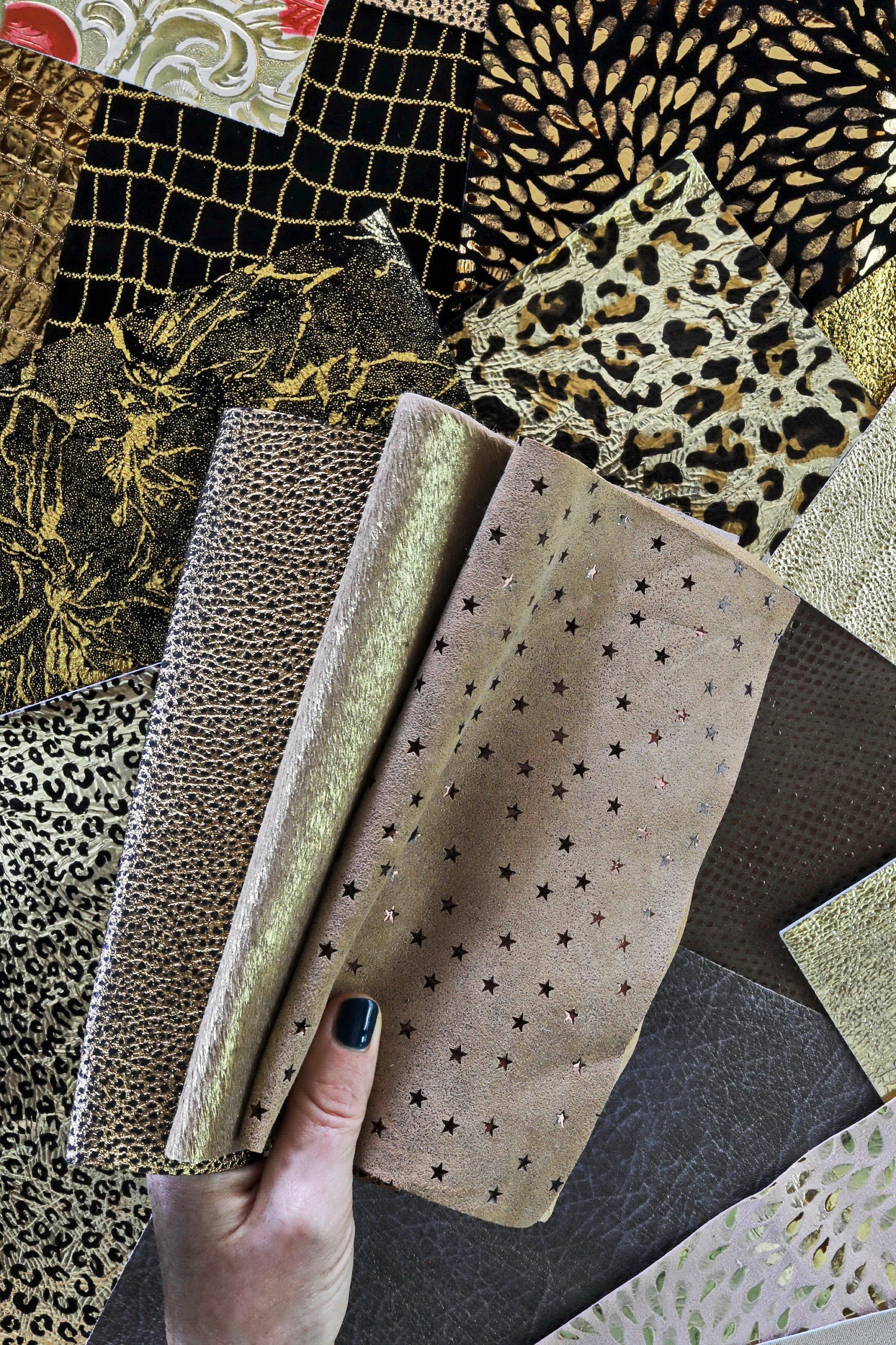 Leather sheets GOLD BRONZE, pre cut leather pieces random selection, mix metallic, printed cut off B14390-PZ La Garzarara