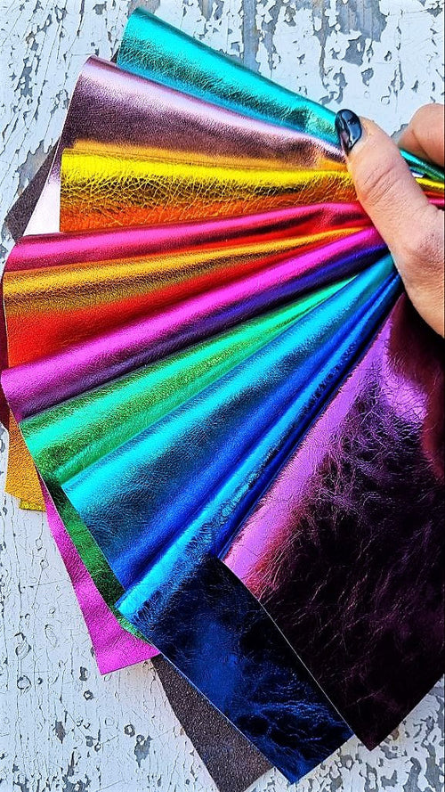 10 Selected leather scraps, RANDOM selection, colorful METALLIC 10 bright tones, approx size 6x5" / 15x12 cm each piece La Garzarara
