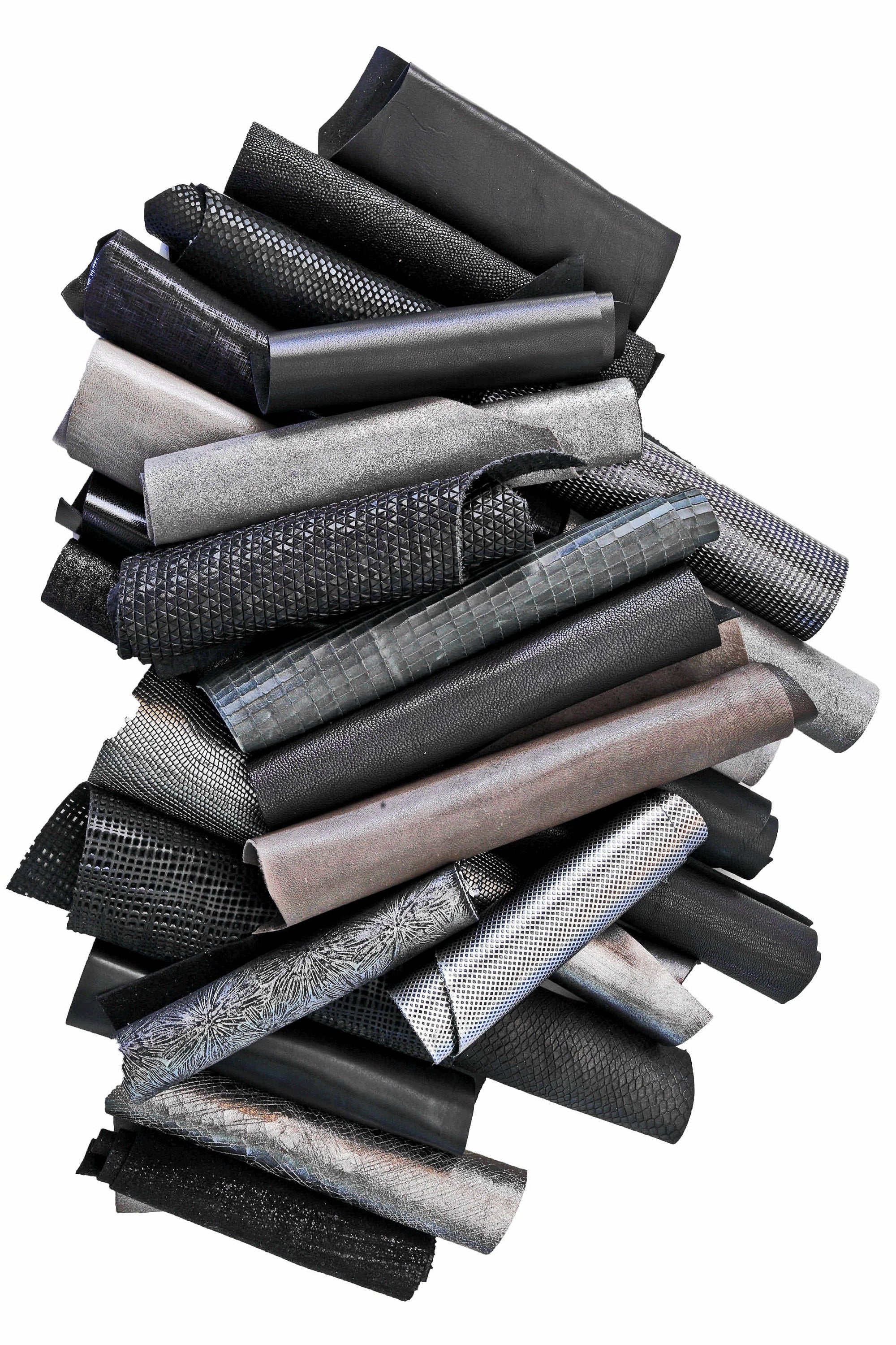 Black and Grey Leather Scraps, 5x6 Assorted Craft Pieces, Mixed Textures and Finishes, Random Selection 0,7 lbs to 2 lbs B183