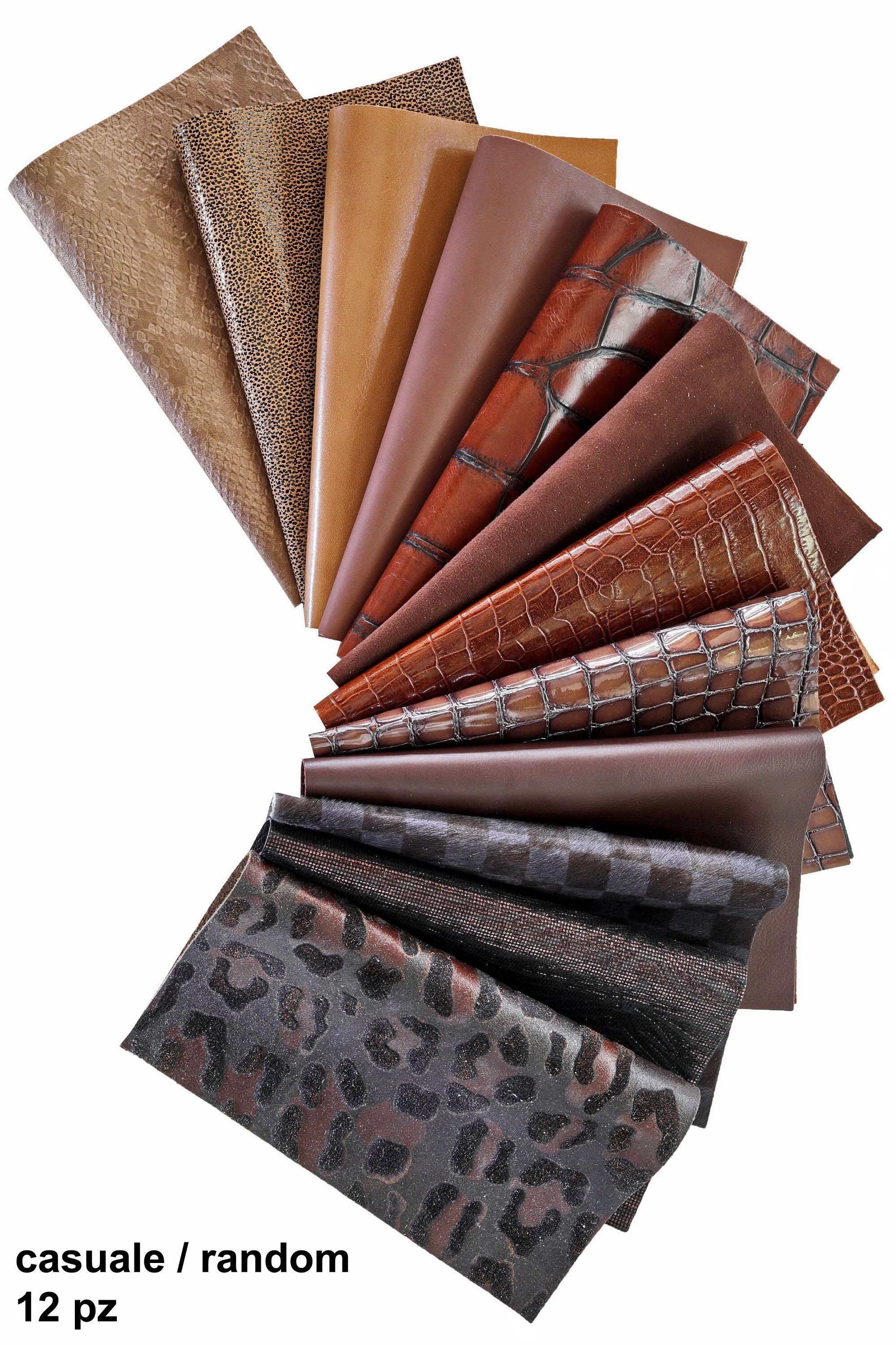 6 leather sheets TAN and BROWN, pre cut leather pieces random selection, mix metallic, printed cut off B14386-PZ La Garzarara