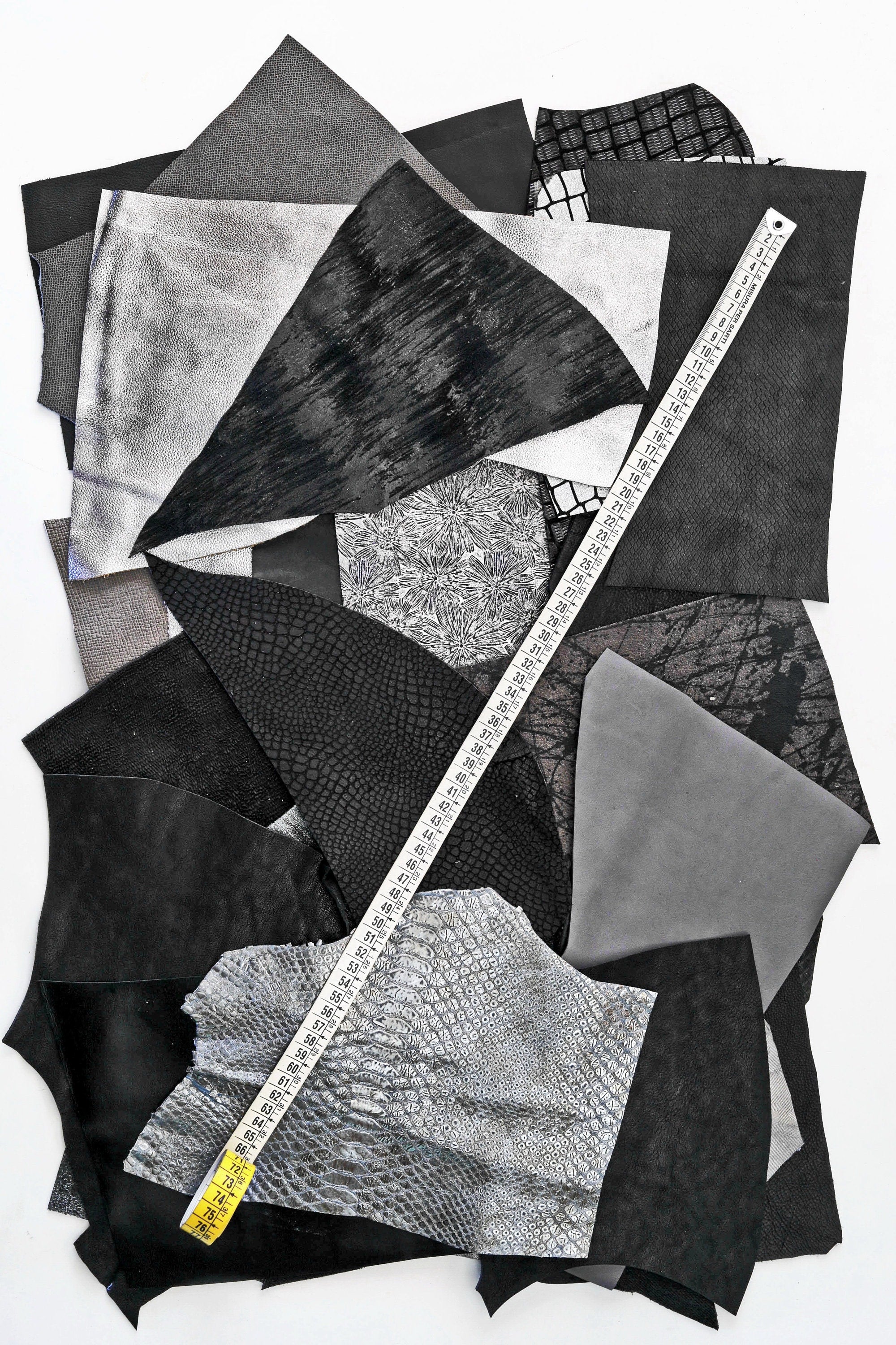 Black and Grey Leather Scraps, 5x6 Assorted Craft Pieces, Mixed Textures and Finishes, Random Selection 0,7 lbs to 2 lbs B183