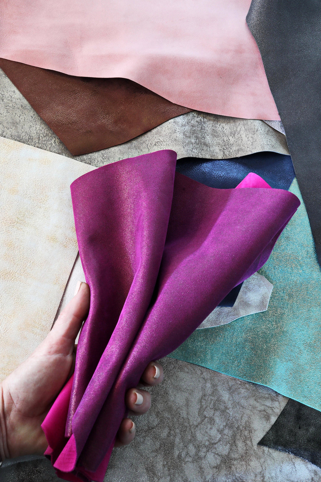 Leather scraps , SUEDE foil effect, metallic suede leather pcs, colors various, random assortment, italian leather pieces 1lbs- 2 lbs B103/B
