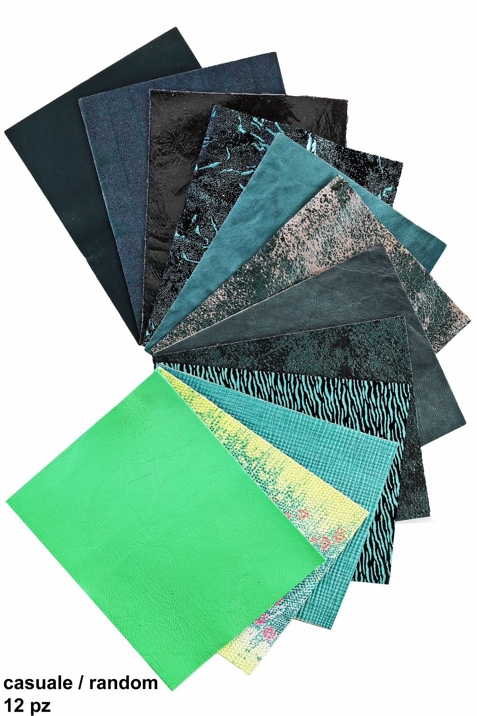 Green Leather Sheets, 12 MIXED PIECES, pre cut printed, metallic green scraps random selection, 5 x 6 inches B14454-PZ La Garzarara