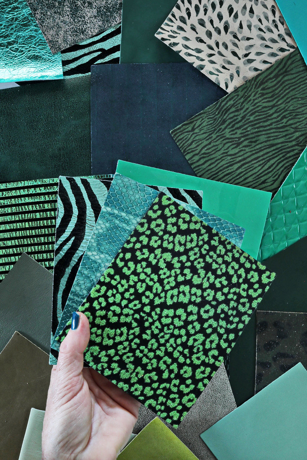 Green Leather Sheets, 12 MIXED PIECES, pre cut printed, metallic green scraps random selection, 5 x 6 inches B14454-PZ La Garzarara