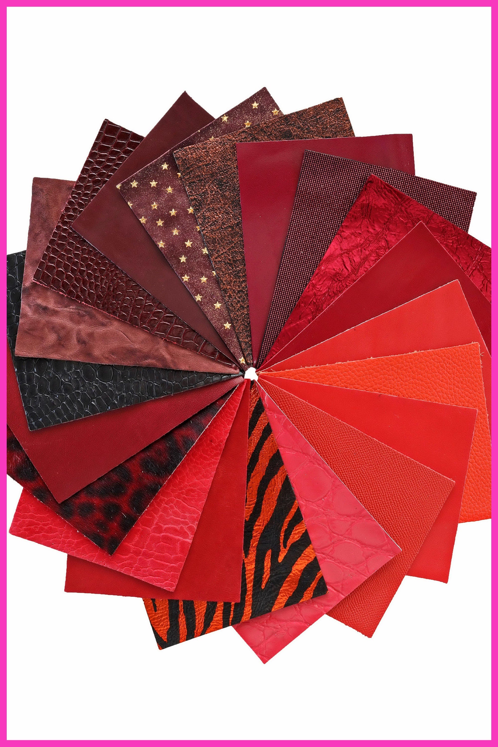 12 Red Precut Leather Pieces, Smooth and Patterned Cuts, Assorted Burgundy Wine and Red Tones 5 x 6" 15x12 cm B14457-PZ La Garzarara