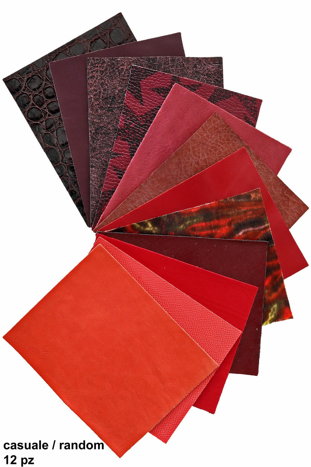 12 Red Precut Leather Pieces, Smooth and Patterned Cuts, Assorted Burgundy Wine and Red Tones 5 x 6" 15x12 cm B14457-PZ La Garzarara