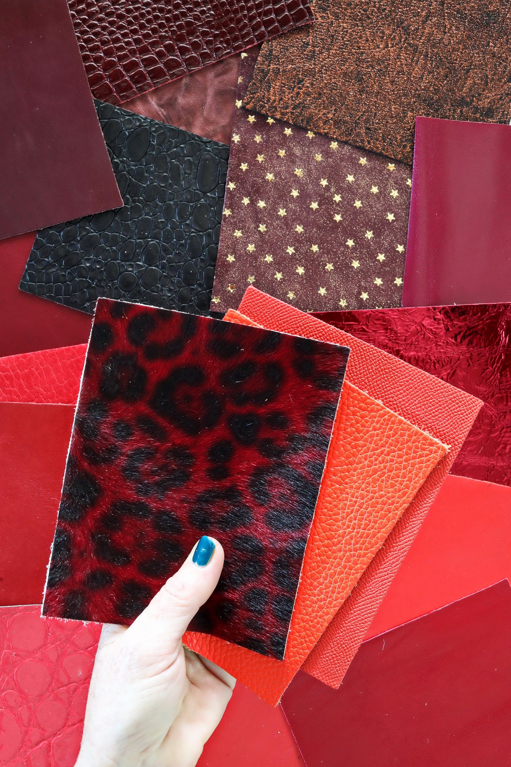 12 Red Precut Leather Pieces, Smooth and Patterned Cuts, Assorted Burgundy Wine and Red Tones 5 x 6" 15x12 cm B14457-PZ La Garzarara