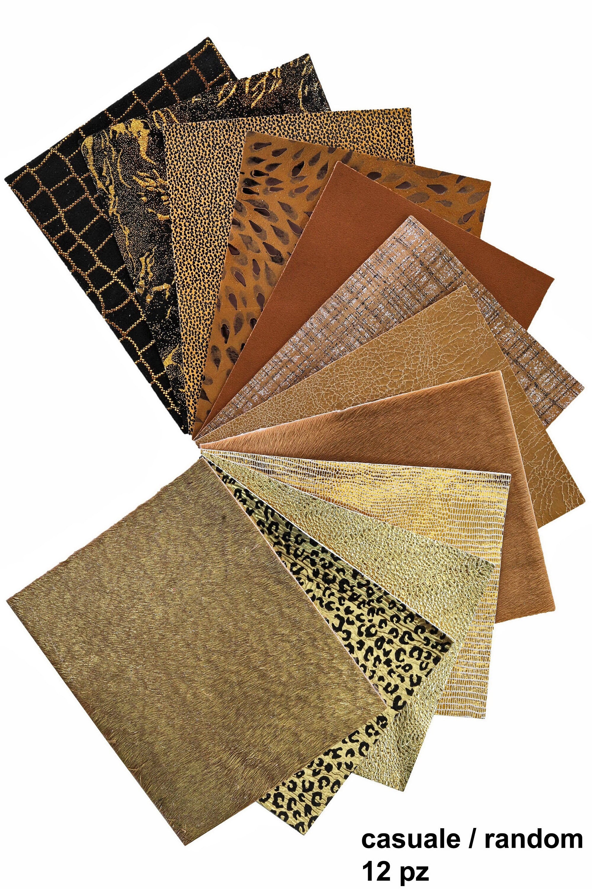 Leather scraps for sewing Mixed Textures and Assorted Gold Bronze Tan , 12 Random Precut Pieces 5 x 6 inches B14458-PZ La Garzarara