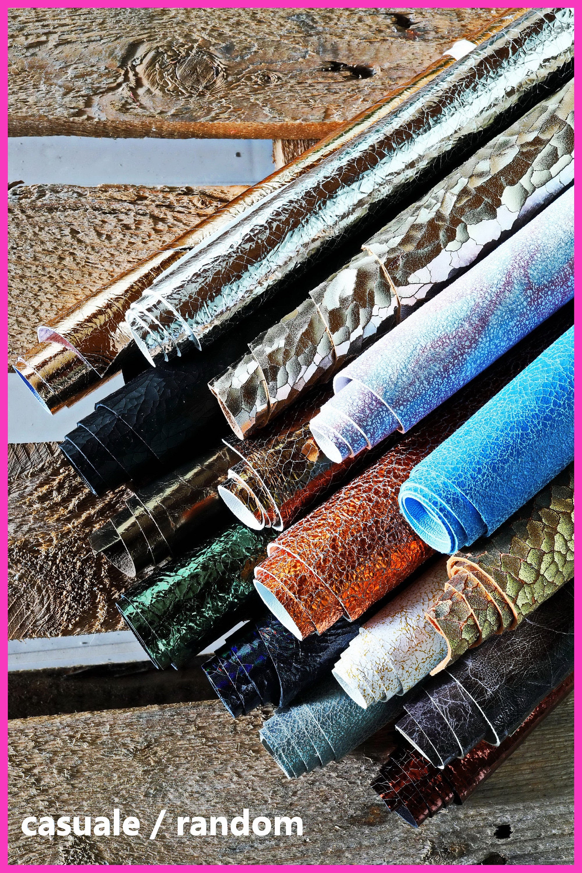 Cracked leather scraps, renmants vintage pieces, random mix of laminated worn and matte textured leather 0.5 1 kg B102 B La Garzarara
