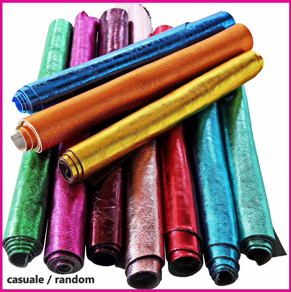 Leather scraps - METALLIC in bright colors, smooth, light grain or wrinkled metallic remnants, random assortment 10 italian leather pcs B104