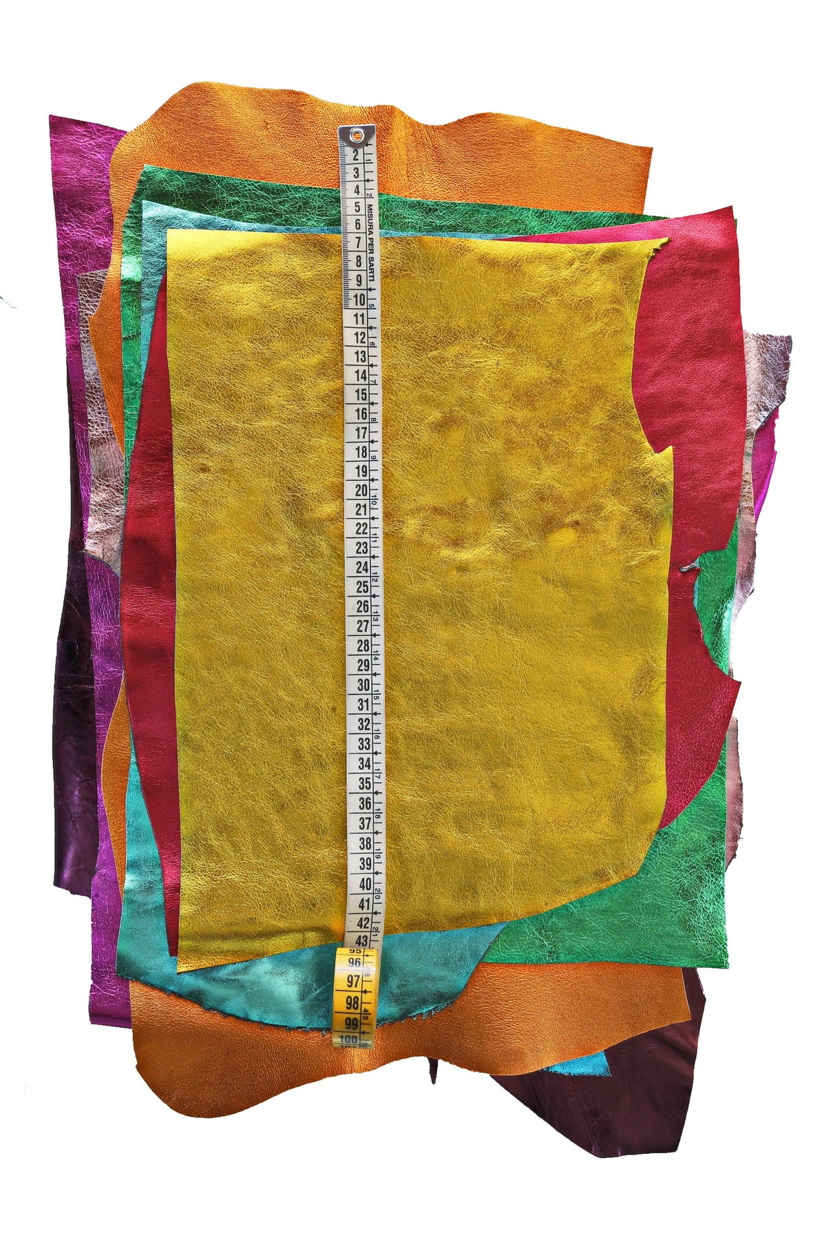Leather scraps - METALLIC in bright colors, smooth, light grain or wrinkled metallic remnants, random assortment 10 italian leather pcs B104