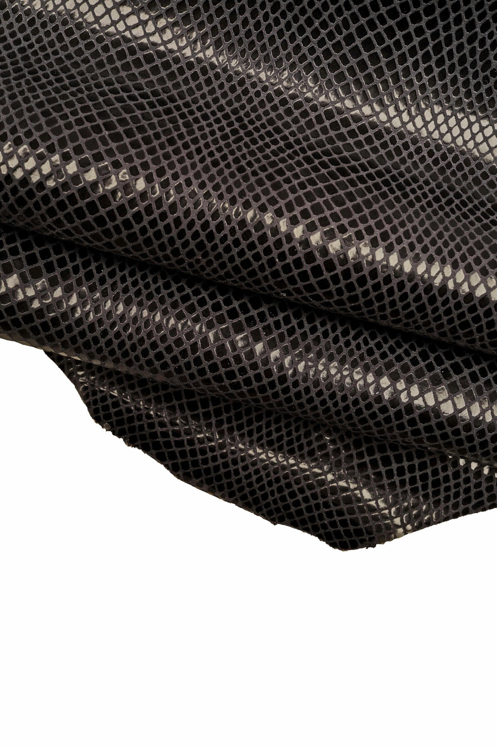Dark grey black PYTHON PRINTED leather skin, snake textured glossy goatskin, soft thin reptile print hide B14787-TB La Garzarara