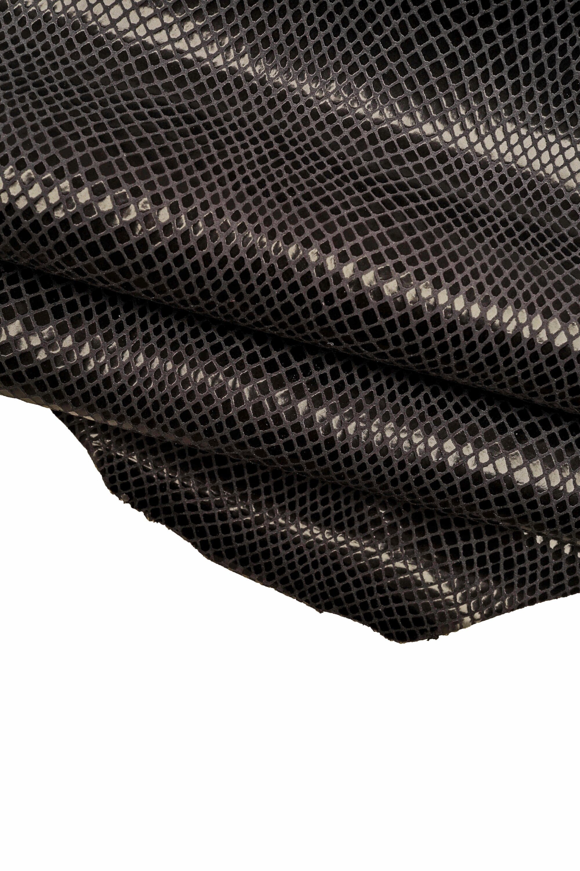 Dark grey black PYTHON PRINTED leather skin, snake textured glossy goatskin, soft thin reptile print hide B14787-TB La Garzarara