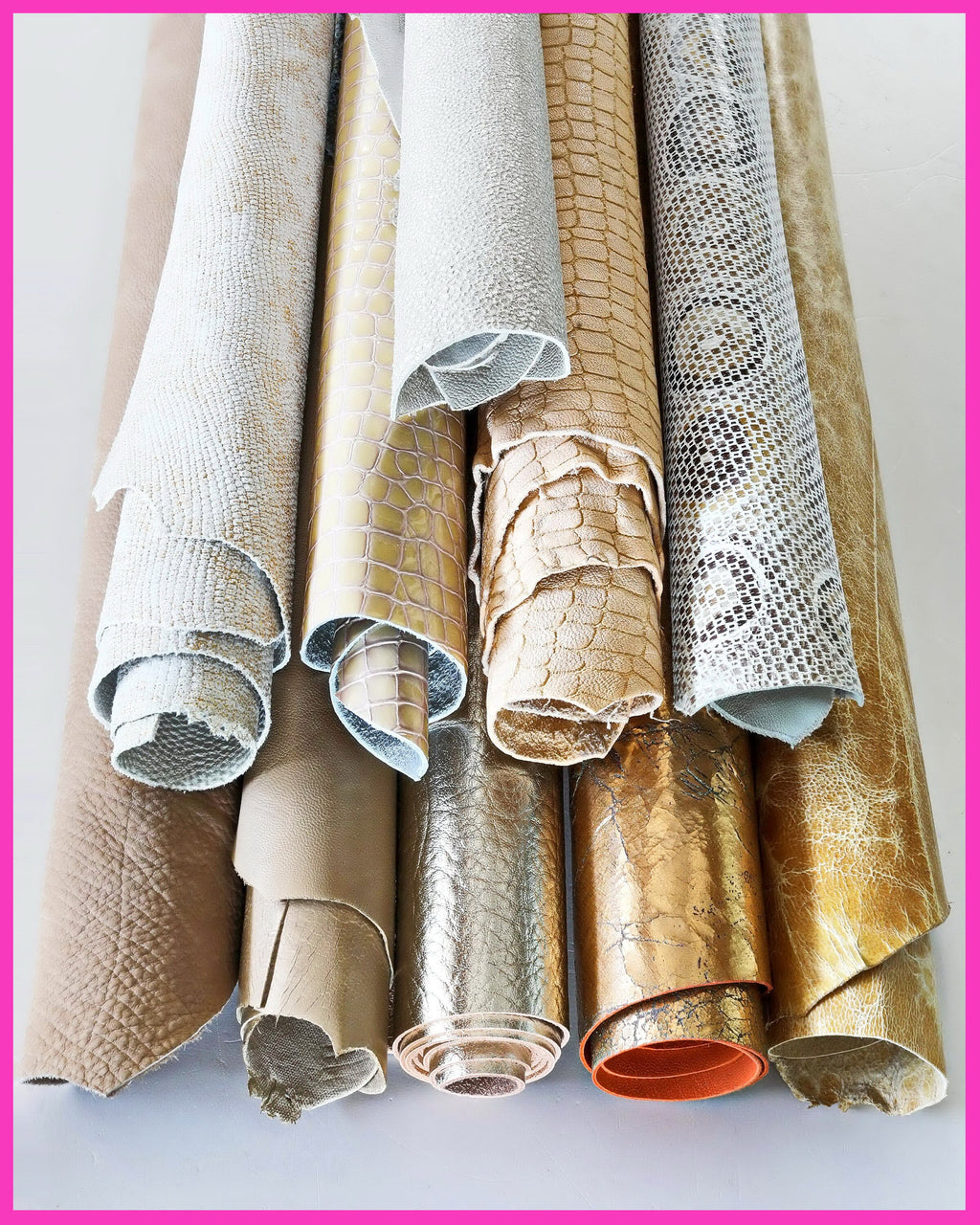 Beige platinum textured printed leather hide, animal and geometric metallic light tones, 10 assorted random mix skins B14828-ST La Garzarara