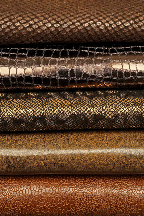 Brown Cognac Tan leather hides bundle, deal of 10 printed smooth metallic skins, random selection B14839-ST La Garzarara