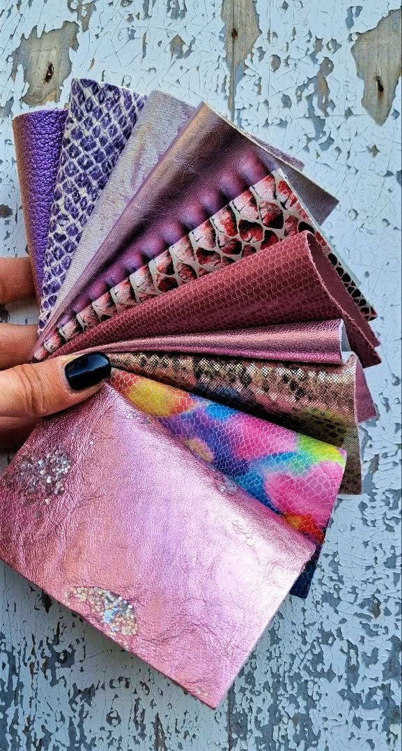 10 Selected leather scraps, color PINK and PURPLE printed, foils, mix colorful selection pre-cut leather remnants as per pictures R94 