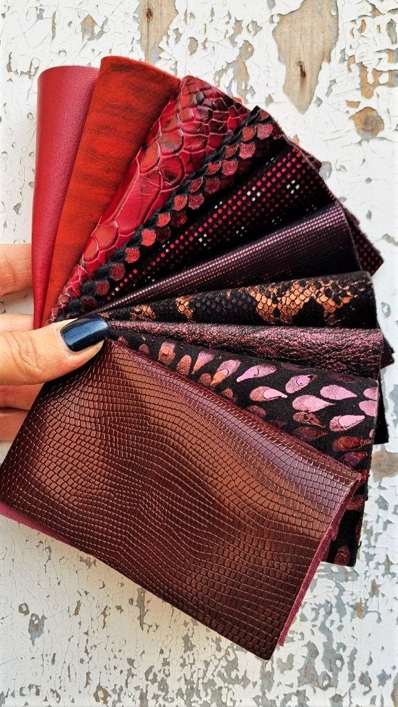 Burgundy Leather Scraps, Red Black Bronze Leather Offcuts, Reptile Metallic Pieces for Earrings and Crafts R100 La Garzarara