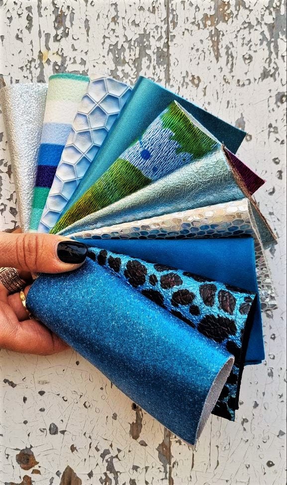 Turquoise Leather Offcuts, Blue Metallic Scraps, Snake Animal Print Pieces for DIY Jewelry R103