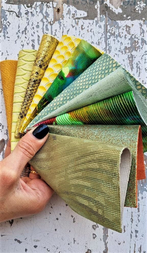 Green Yellow Leather Scraps, Gold Reptile Offcuts, Metallic Snake Textured Pieces for Jewelry and Crafts R102
