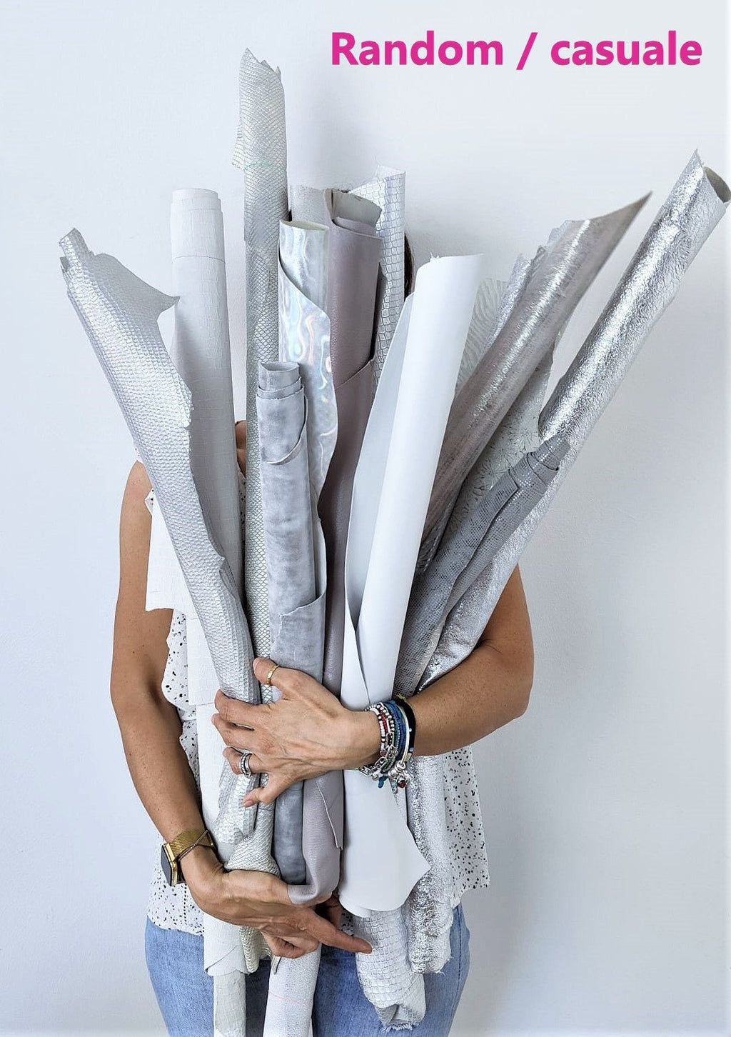 White Genuine Leather Skins, Mixed Leather Hides Bundle, Assorted Prints, Metallic and Textured Finishes