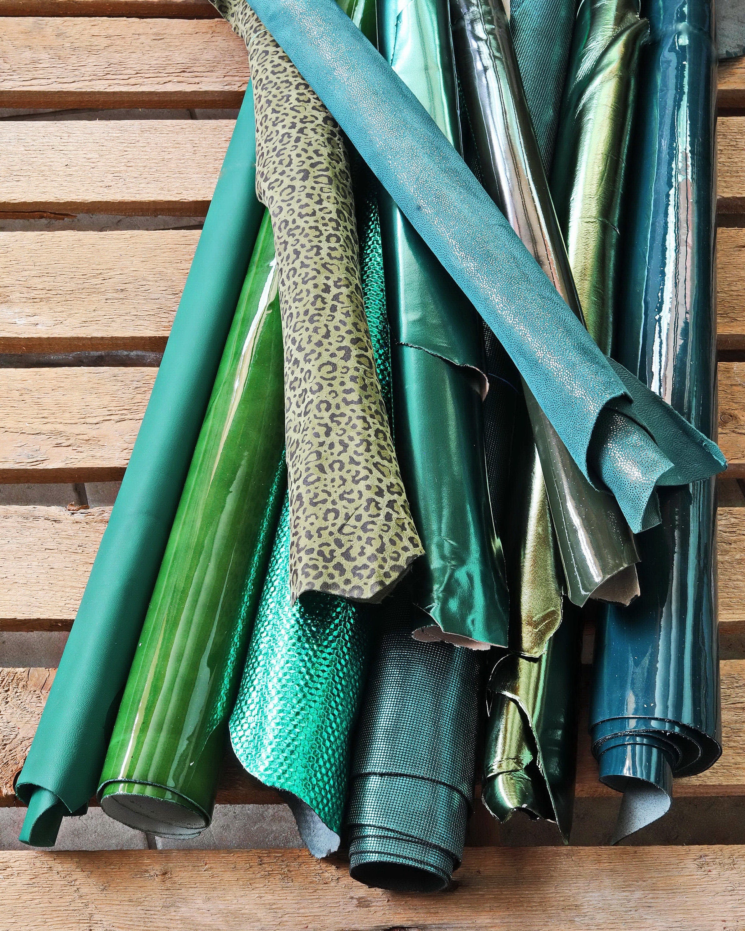 Green assorted Leather skins, textured printed and solid green leather hides for Crafting, Leather Bundles 3 skins / 6 skins B129