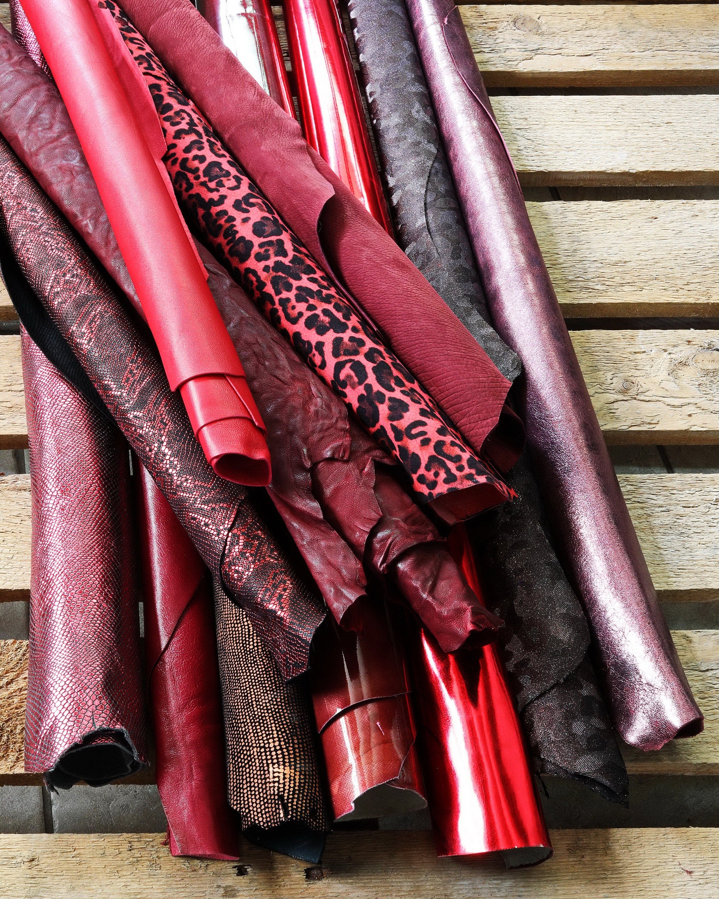 Red, Burgundy Wine Leather Hides Bundle, Genuine Leather Skins Assortment, Mixed Textures & Finishes B132