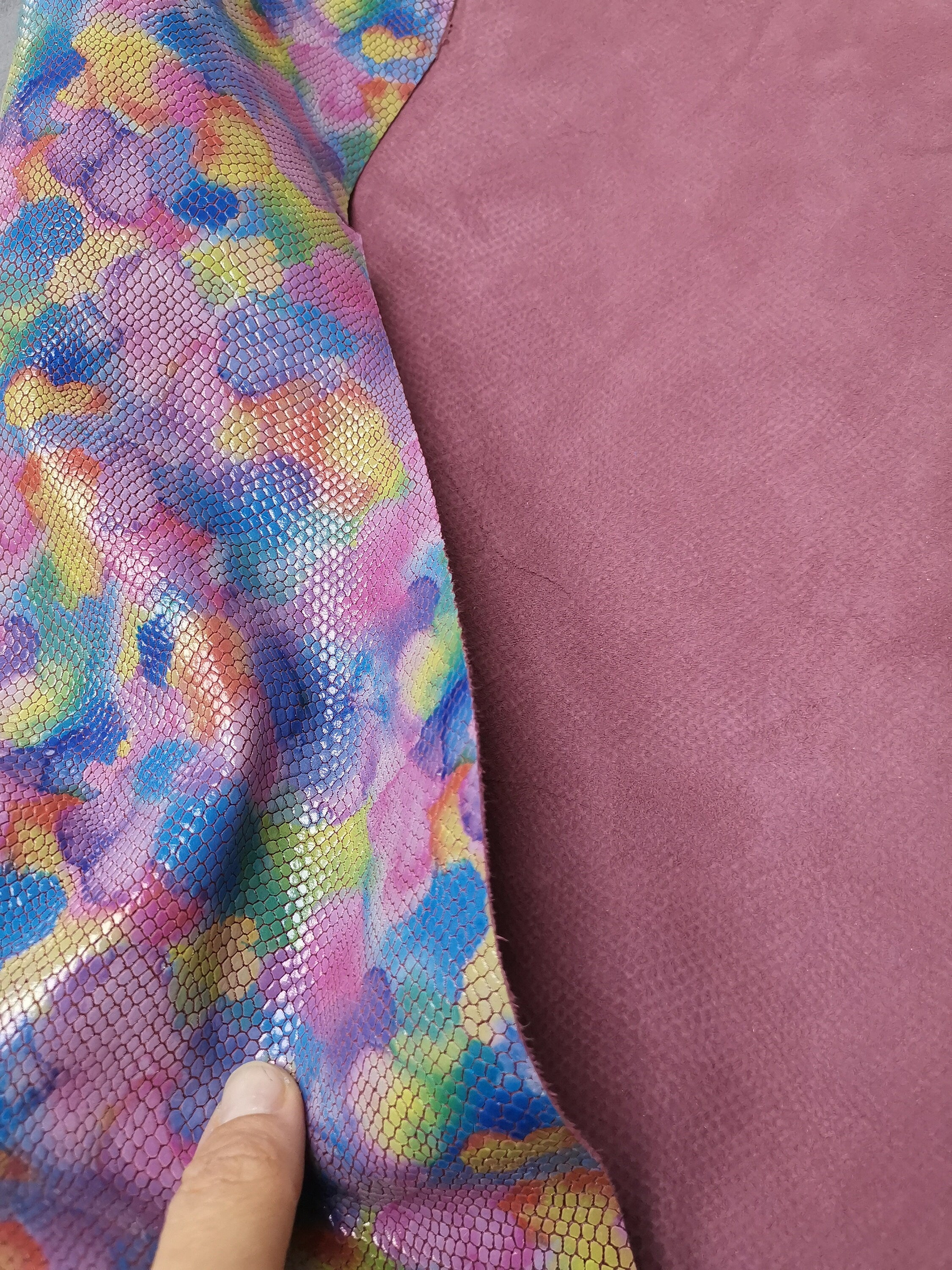 MULTICOLOR PYTHON printed leather hide, colorful artistic reptile embossed goatskin, glossy fantasy skin b14962-st/b