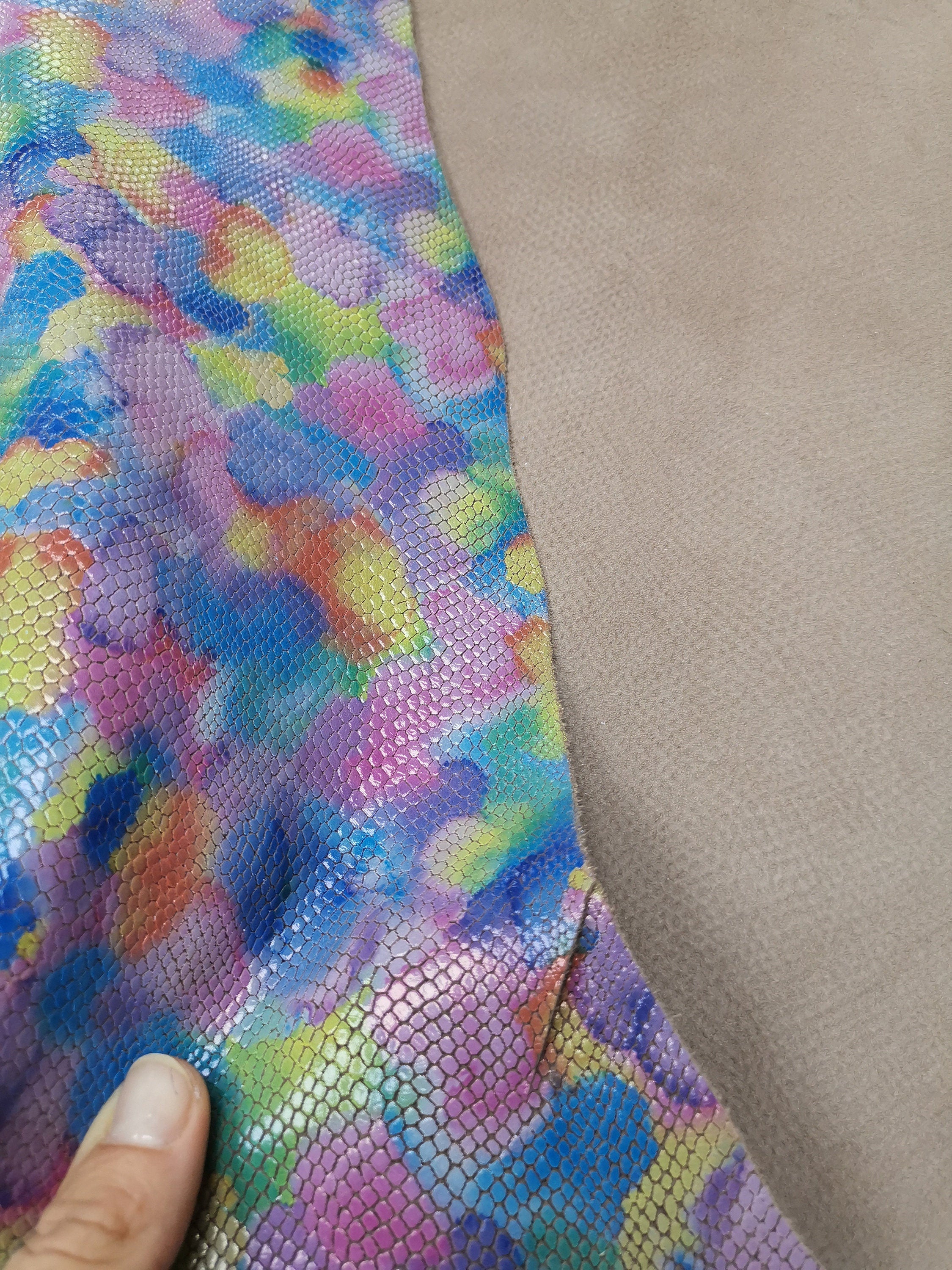 MULTICOLOR PYTHON printed leather hide, colorful artistic reptile embossed goatskin, glossy fantasy skin b14962-st/b