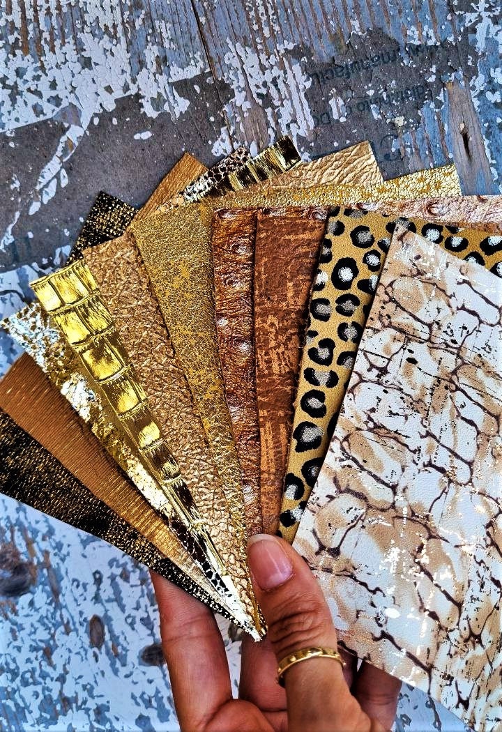 10 Selected leather scraps, GOLD, BEIGE and BROWN, metallic, textured, mix colorful selection leather remnants as per pictures RT62/B