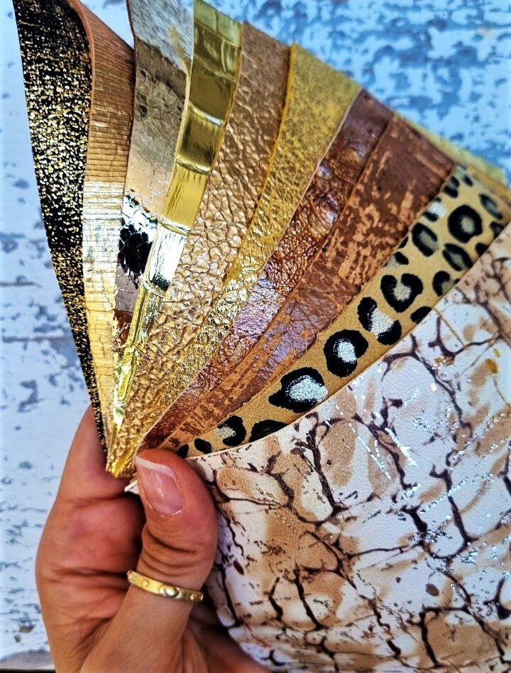 10 Selected leather scraps, GOLD, BEIGE and BROWN, metallic, textured, mix colorful selection leather remnants as per pictures RT62/B