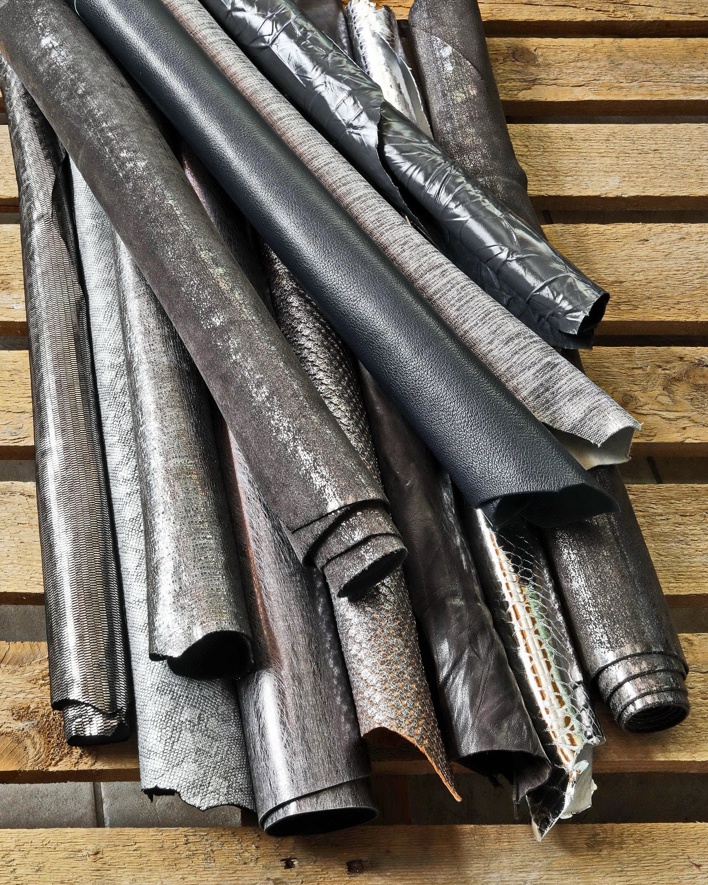 Dark tones Leather skins GREY, SILVER and STEEL Random Assortment, mix of patterns and solid colors, 3 skins / 6 skins B133