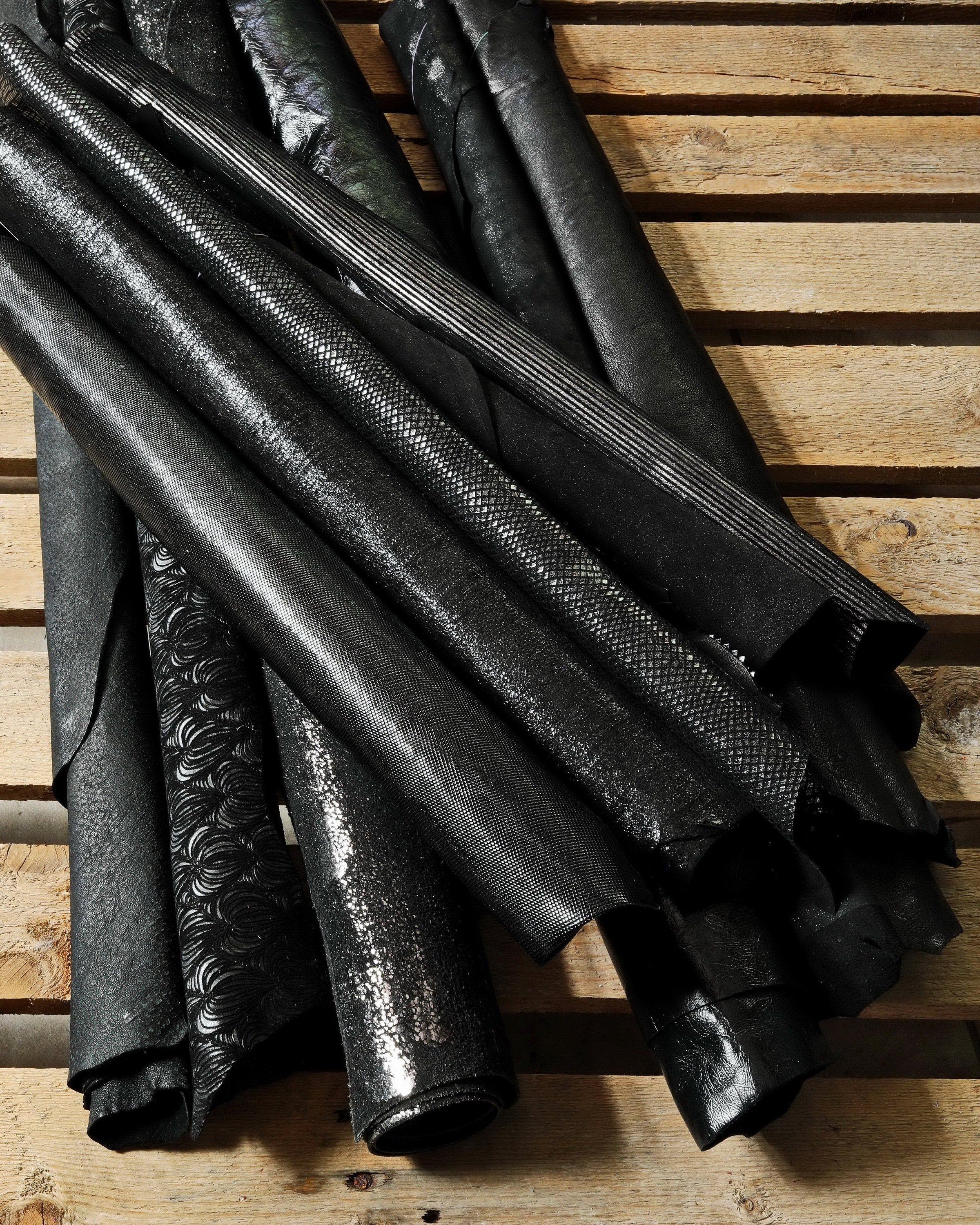 Black Leather Bundle – Matte Black, Charcoal & Anthracite Leather Hides, Assorted Leather Skins 3 skins / 6 skins B136