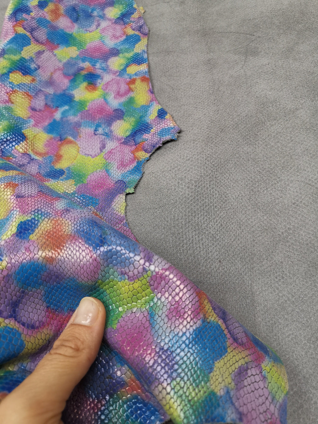 MULTICOLOR PYTHON printed leather hide, colorful artistic reptile embossed goatskin, glossy fantasy skin b14962-st/b