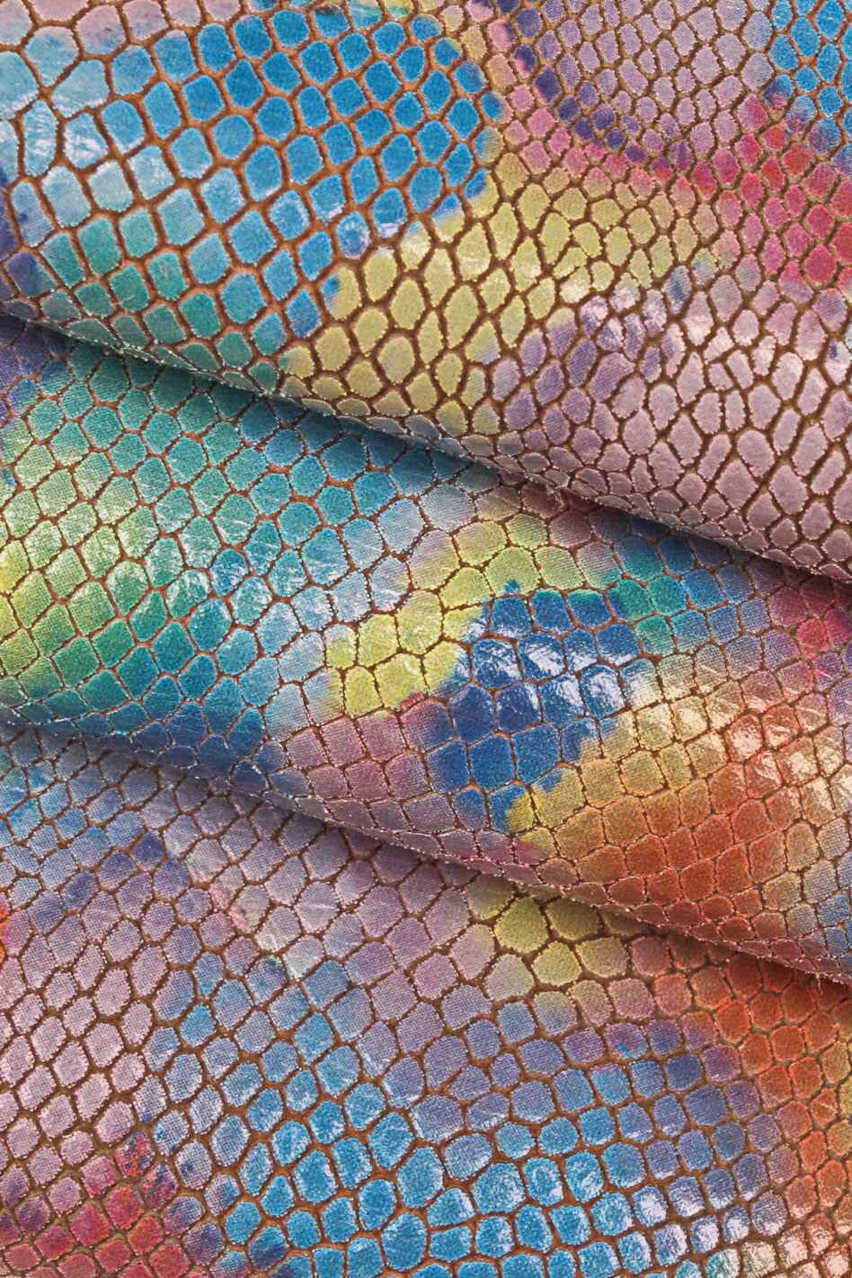 MULTICOLOR PYTHON printed leather hide, colorful artistic reptile embossed goatskin, glossy fantasy skin b14962-st/b
