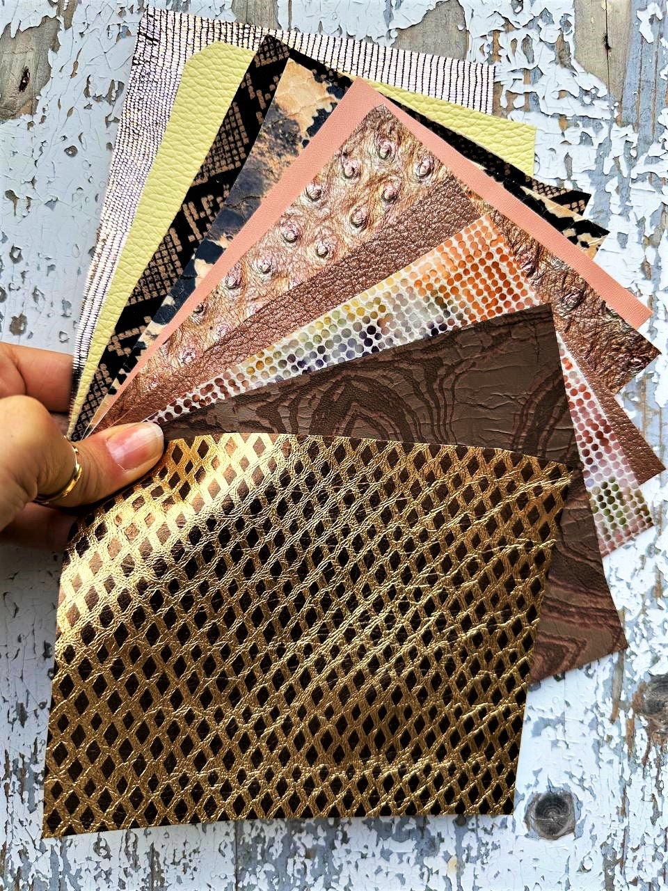 Lot of Special Leather Offcuts, Metallic Gold Bronze Copper and Brown, Printed Textured Pieces for Jewelry and Crafts RT21/B La Garzarara