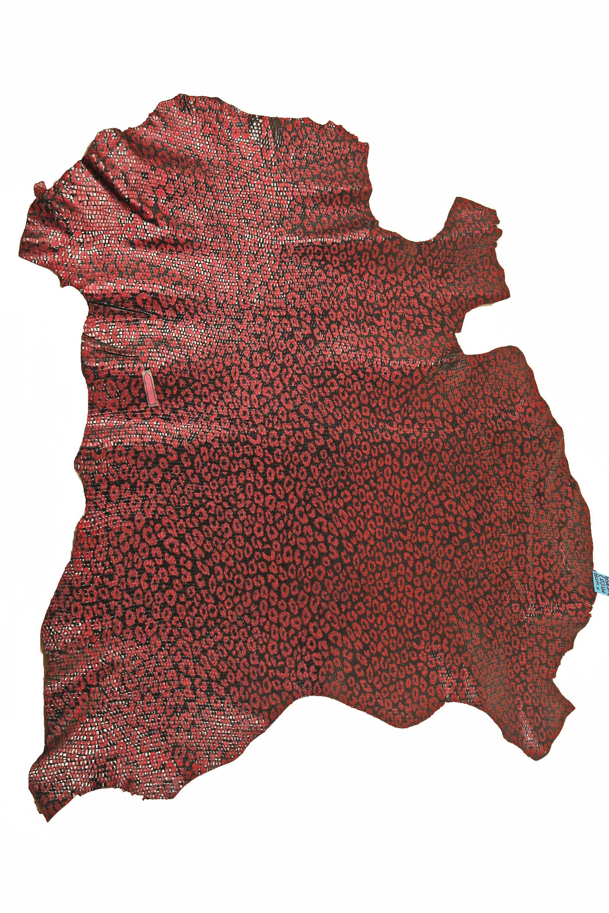 LEOPARD printed leather skin, black goatskin with red glitter animal texture, soft B15359-MT(ST) La Garzarara